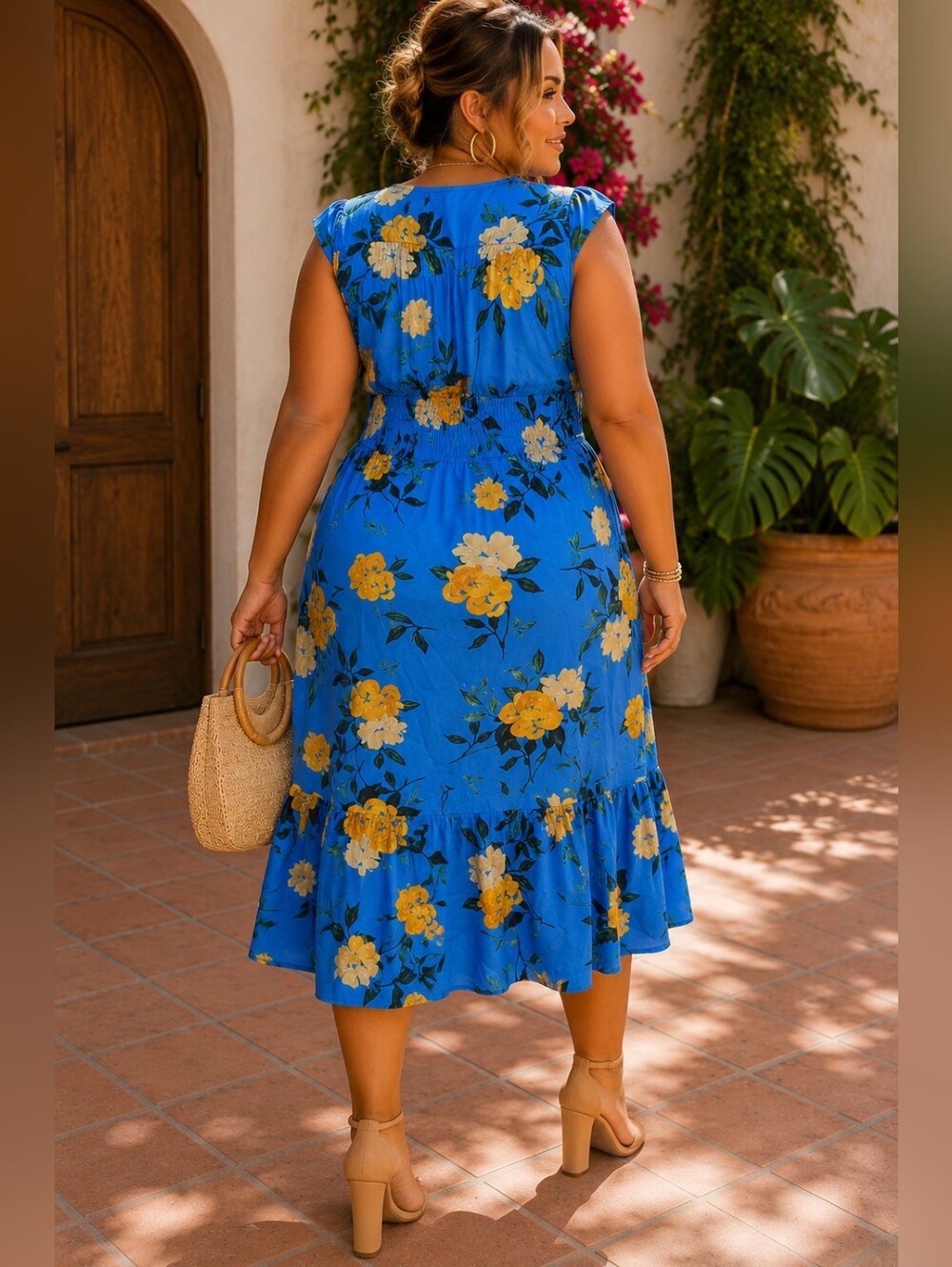 NWT! Time & Tru Blue Floral Midi Dress Plus Size XXXL 22 Yellow Flower Tie Neck - Picture 2 of 6